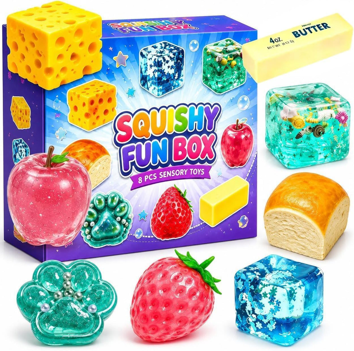 8 Piece Squishy Mystery Blind Box | Malt Sugar Themed Slow Rebound Sensory Toys | Surprise Fun Box | Holiday & Birthday Gift