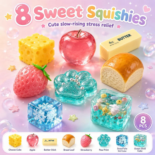 8 Piece Squishy Mystery Blind Box | Malt Sugar Themed Slow Rebound Sensory Toys | Surprise Fun Box | Holiday & Birthday Gift